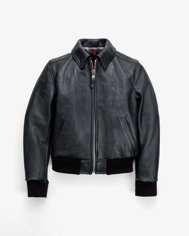 Men’s Black Classic Leather Bomber Jacket with Shirt Collar
