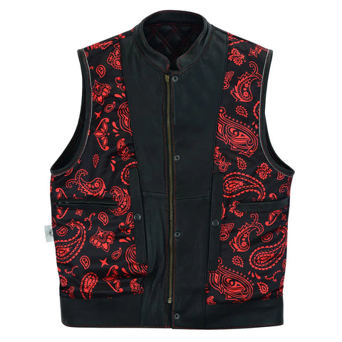 Men’s Black Biker Leather Vest with Paisley Liner Style