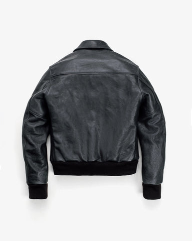 Men’s Black Classic Leather Bomber Jacket with Shirt Collar