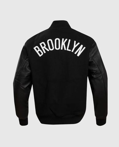 NBA Varsity Jacket Brooklyn Nets Men's Black Leather Sleeves Varsity Jacket