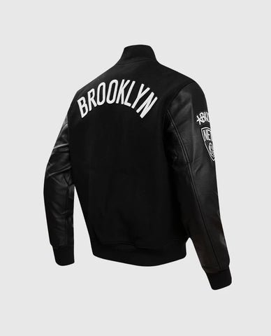 NBA Varsity Jacket Brooklyn Nets Men's Black Leather Sleeves Varsity Jacket