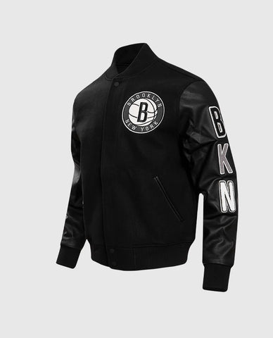 NBA Varsity Jacket Brooklyn Nets Men's Black Leather Sleeves Varsity Jacket