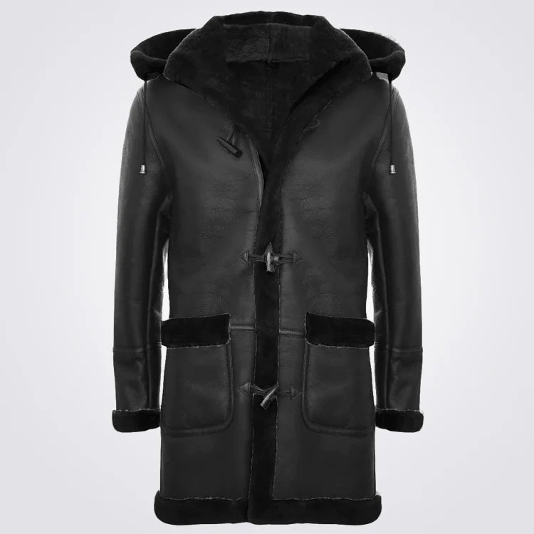 Men's Shearling Sheepskin Coat Shearling Duffle Hooded Coat