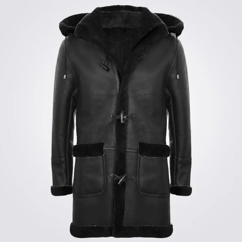 Men's Shearling Sheepskin Coat Shearling Duffle Hooded Coat
