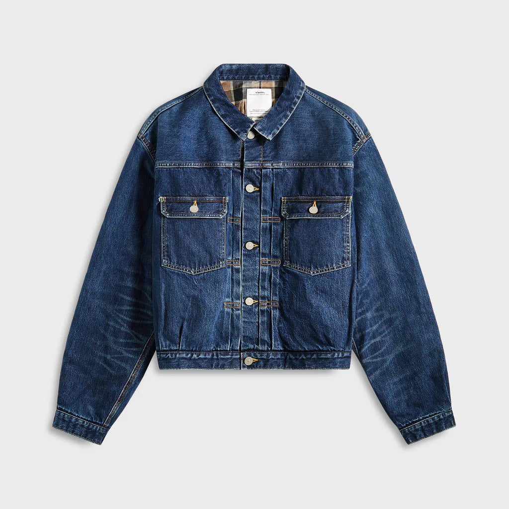Stylish Navy Blue Jacket Damaged Check Denim Jacket