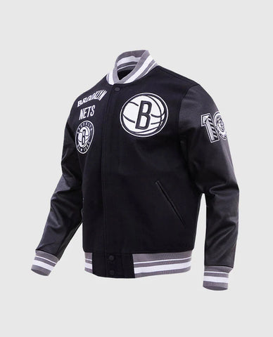 Men's NBA Brooklyn Nets Rib Wool Black Leather Sleeves Varsity Jacket