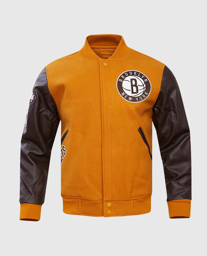 NBA Brooklyn Nets Men's Yellow & Brown Leather Sleeves Varsity Jacket