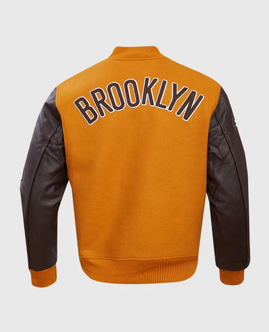 NBA Brooklyn Nets Men's Yellow & Brown Leather Sleeves Varsity Jacket