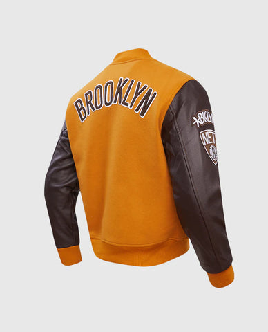 NBA Brooklyn Nets Men's Yellow & Brown Leather Sleeves Varsity Jacket