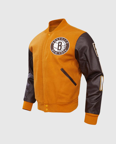 NBA Brooklyn Nets Men's Yellow & Brown Leather Sleeves Varsity Jacket