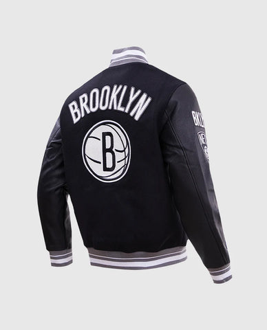 Men's NBA Brooklyn Nets Rib Wool Black Leather Sleeves Varsity Jacket
