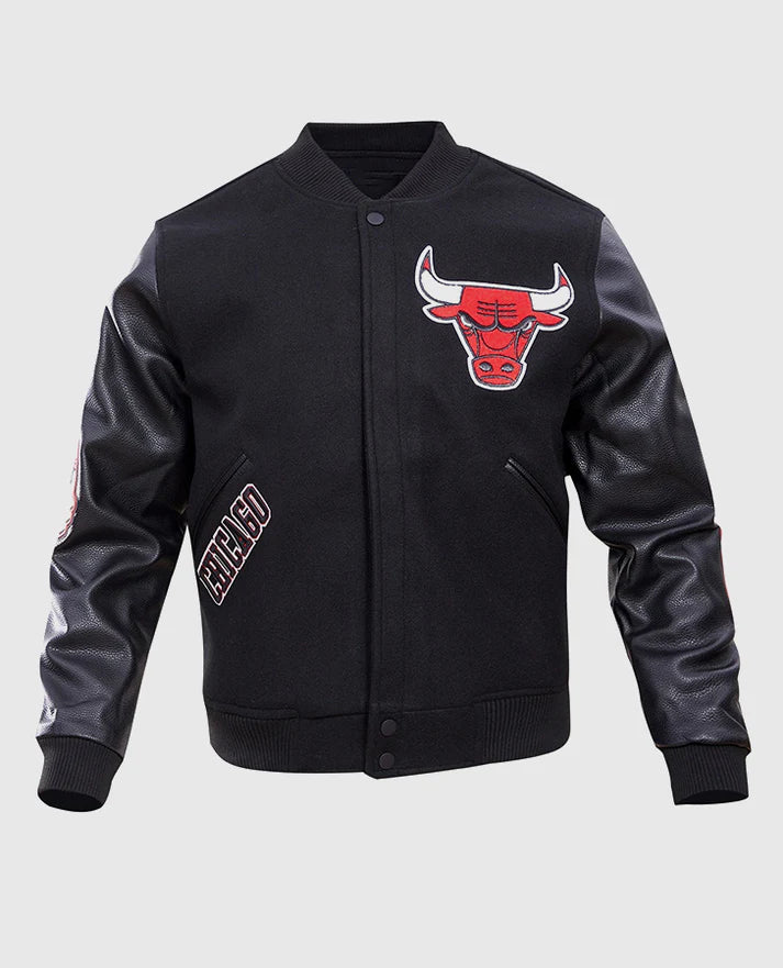 NBA Chicago Bulls Men's Leather Sleeves Black Varsity Jacket
