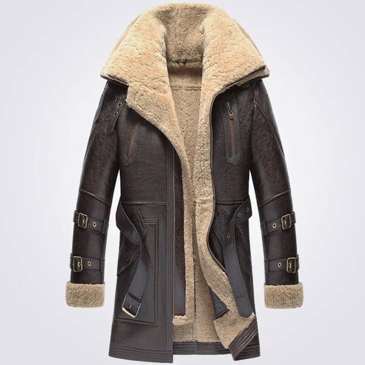 Vintage Style Trench Shearling Sheepskin Leather Coat For Men