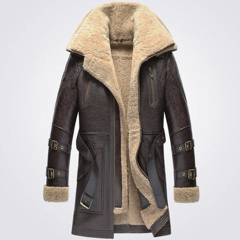 Vintage Style Trench Shearling Sheepskin Leather Coat For Men