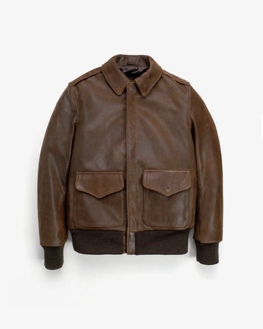 Men’s Classic Brown Leather Bomber Jacket with Utility Pockets