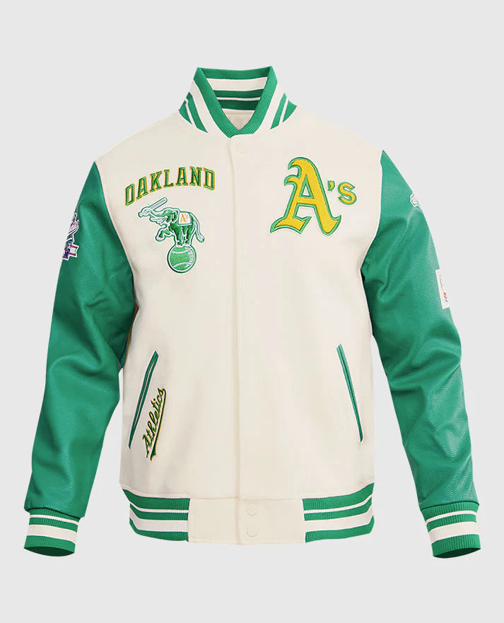 MLB Oakland Athletics Men's Green & White Rib Wool Varsity Jacket