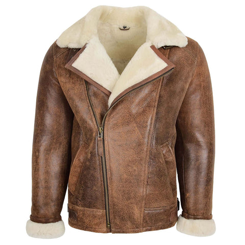 Men's Sheepskin Shearling Aviator Pilot Leather Jacket Vintage Brown