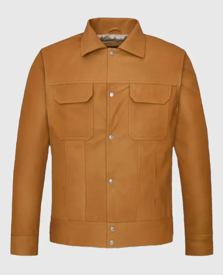 Men’s Tan Leather Trucker Jacket – Classic Button-Up Style