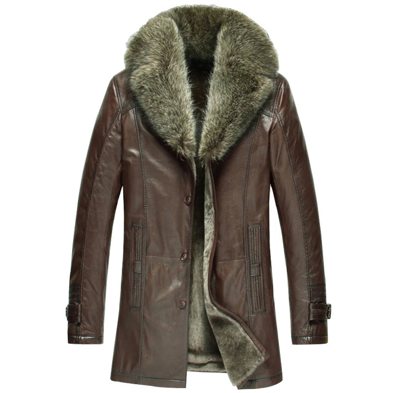 Men's Trim Collar Sheepskin Leather Coat with Raccoon Fur Shearling Coats