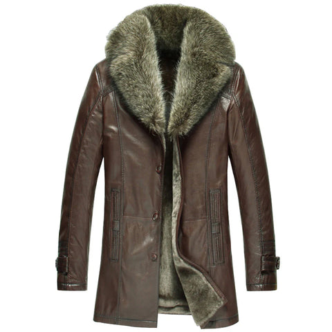 Men's Trim Collar Sheepskin Leather Coat with Raccoon Fur Shearling Coats