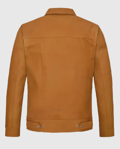 Men’s Tan Leather Trucker Jacket – Classic Button-Up Style