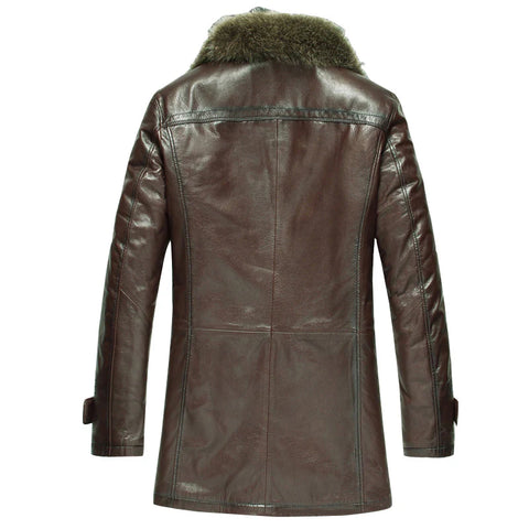 Men's Trim Collar Sheepskin Leather Coat with Raccoon Fur Shearling Coats