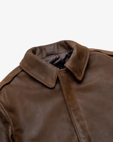 Men’s Classic Brown Leather Bomber Jacket with Utility Pockets