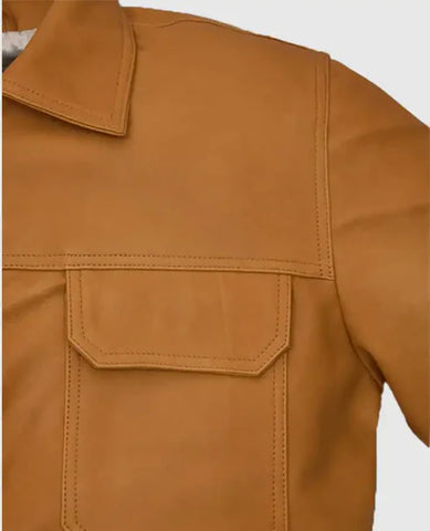 Men’s Tan Leather Trucker Jacket – Classic Button-Up Style