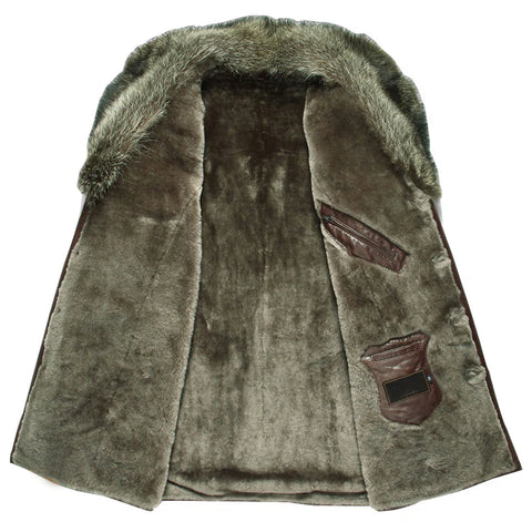 Men's Trim Collar Sheepskin Leather Coat with Raccoon Fur Shearling Coats
