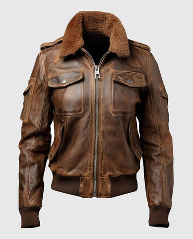 Men’s Vintage Style Brown Leather Bomber Jacket